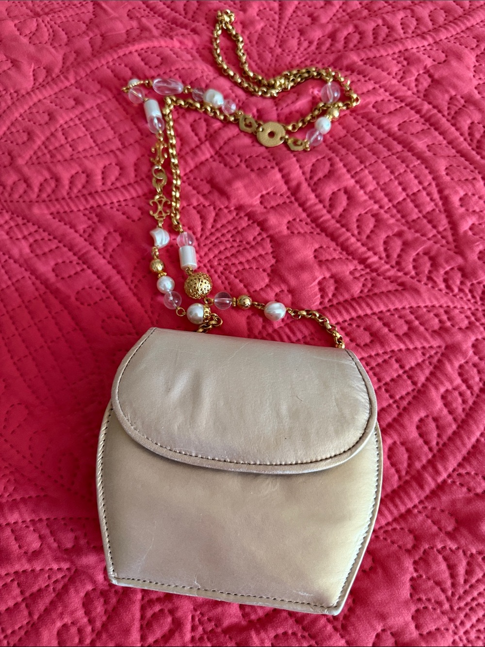 Gold Leather Crossbody Bag with Beaded Chain
